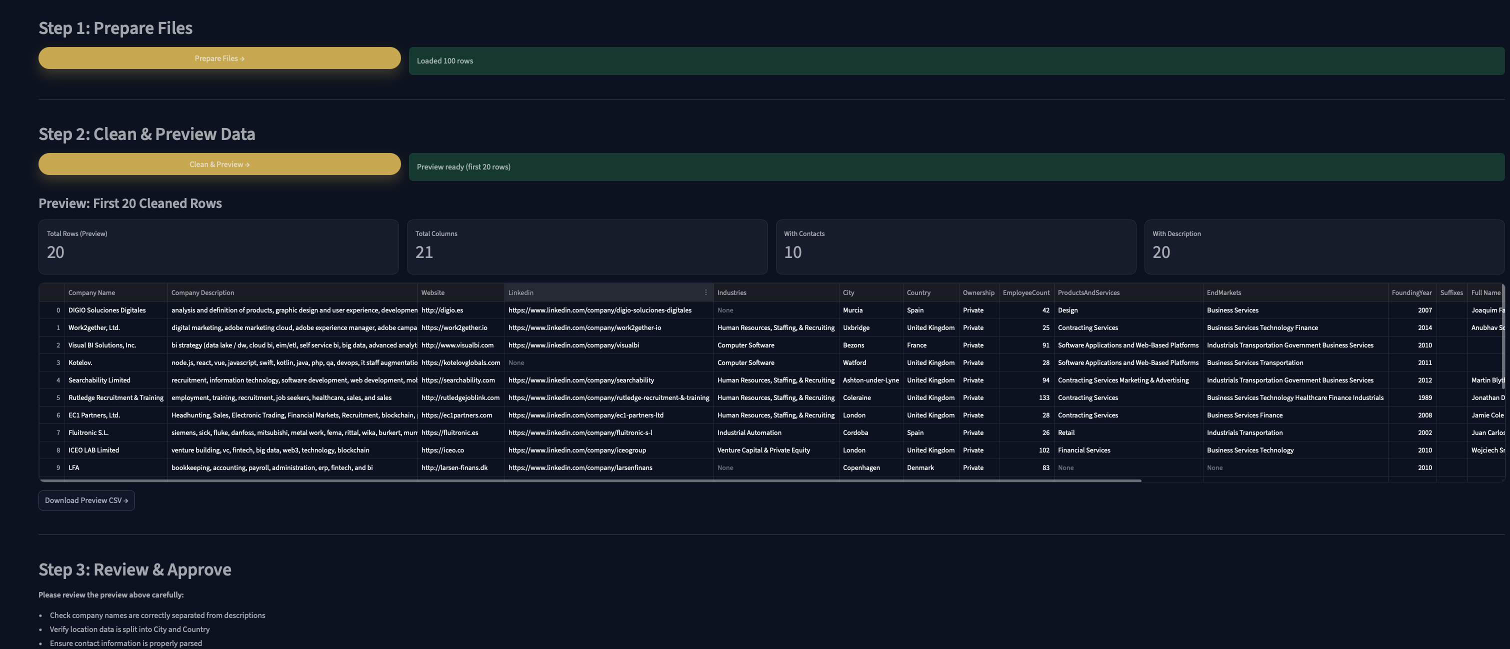 End-to-end workflow with clean preview and review steps